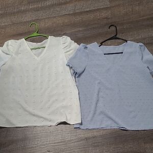 SHEIN Women's V-Neck Blouses - White and Light Blue